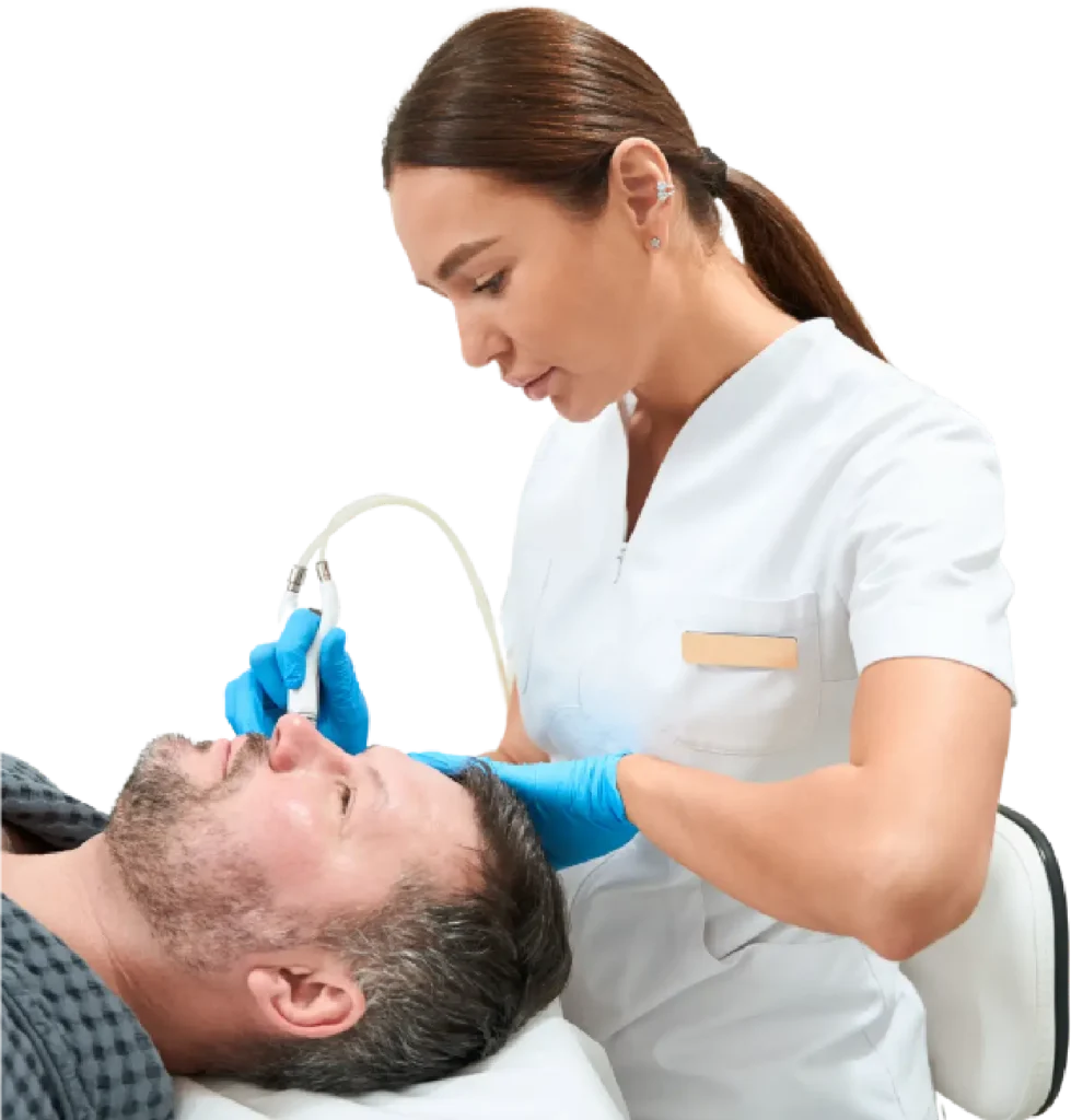 A nurse administers a facial treatment to a man in a clinical setting, focusing on skincare and relaxation.