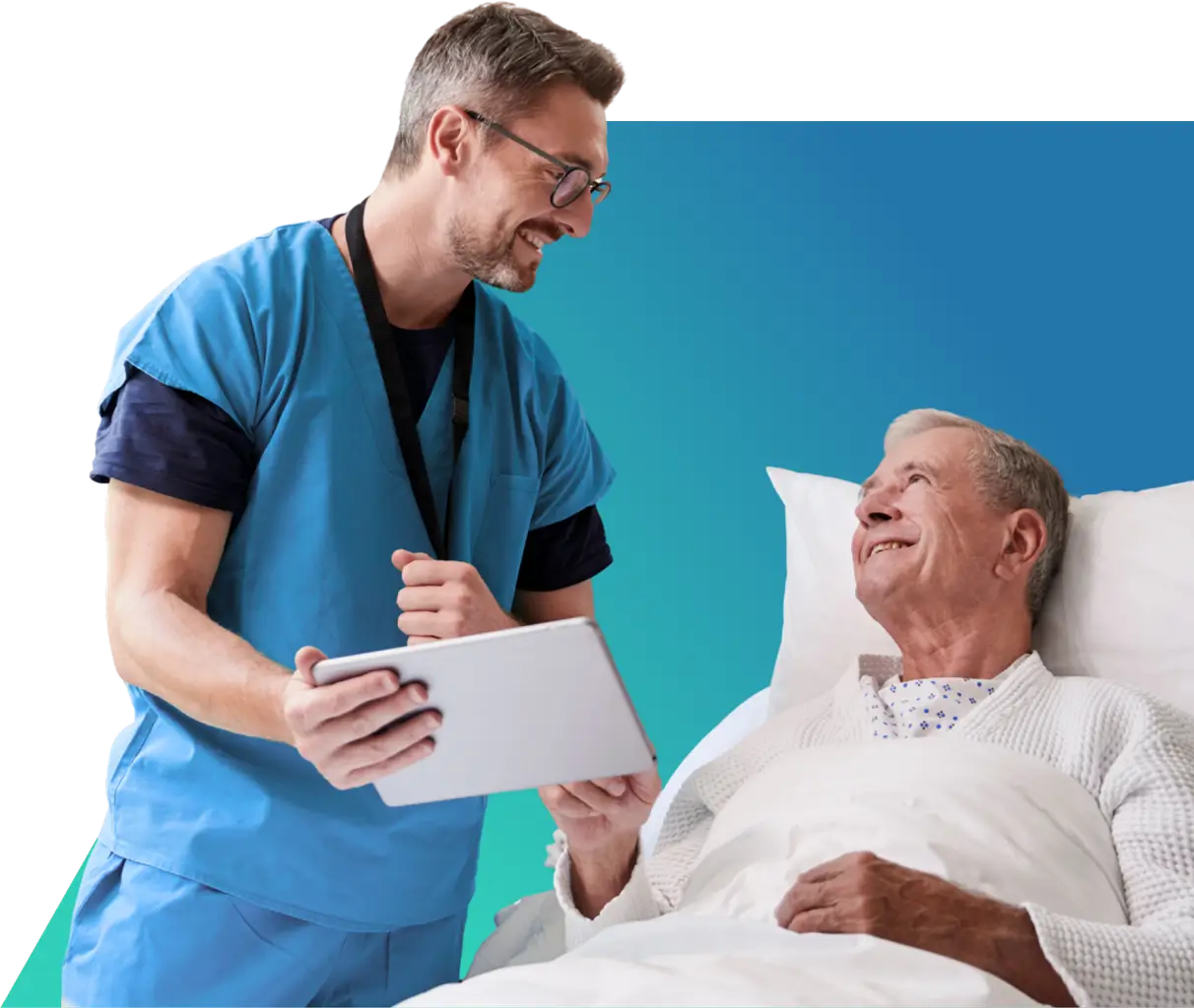 Doctor with tablet device speaking with smiling patient in hospital bed