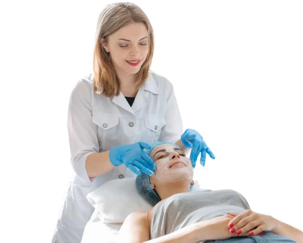 A woman receiving facial and neck treatment from a doctor in a clinical setting.
